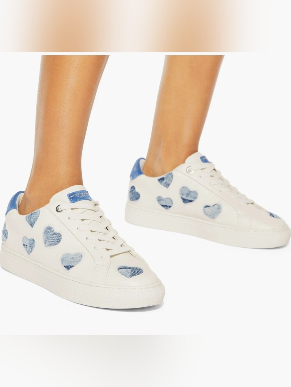 Size 6.5 Kurto Geiger  Women’s White Sneakers with Blue Heart Accents Retail 150